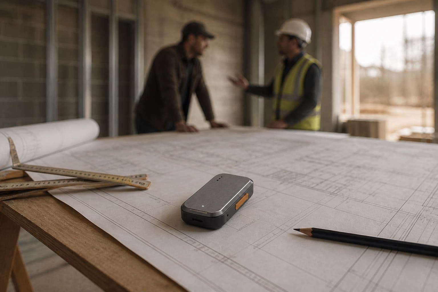 LARS/01 resting on architectural drawings on a trestle table in an unfinished building, two people in work clothes talking behind it